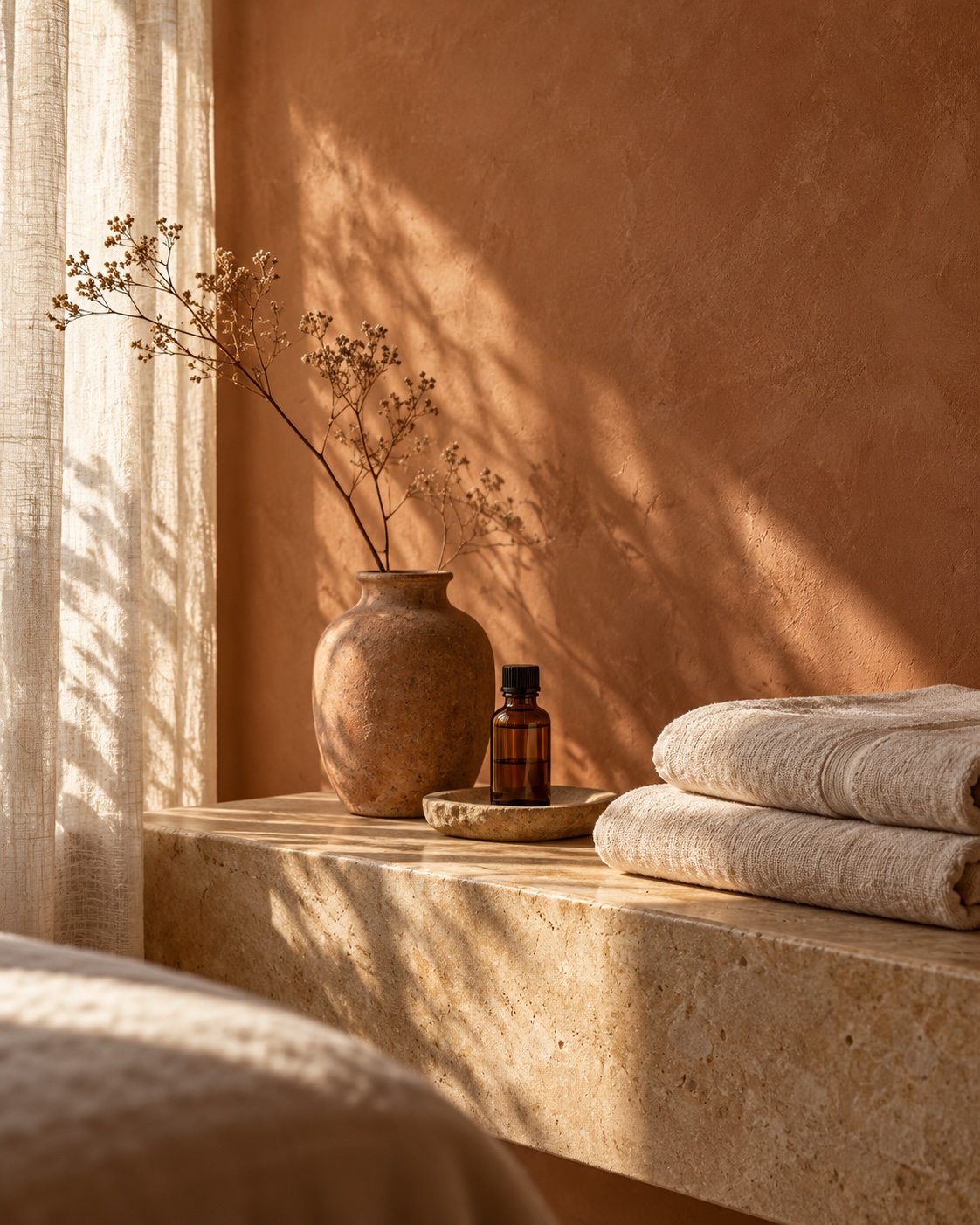 Sfeerbeeld met zacht linnen, massageolie en terracotta in warm zonlicht